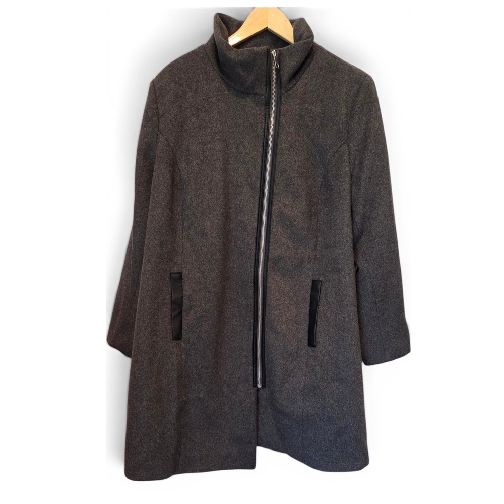 Ellos Coat Wool Asymmetric Zip Funnel Neck Grey Minimalist Winter Plus Size 20